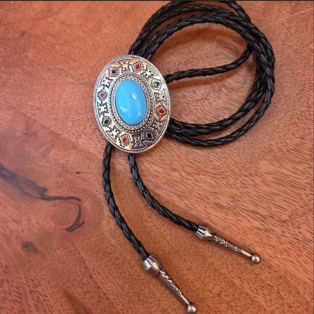 Western Southwestern Silver and Turquoise Boho Rodeo Bolo Tie Necklace Gift
